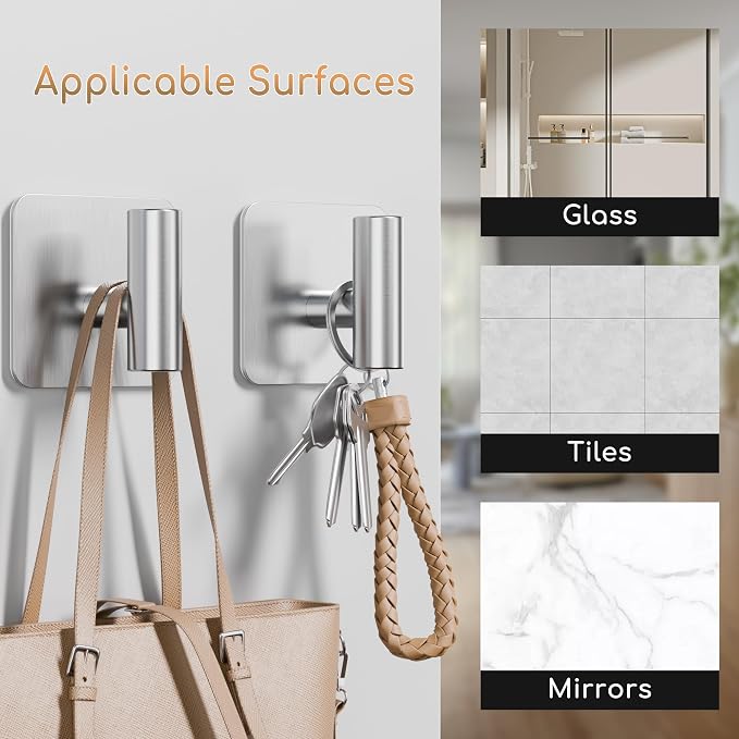 Aikzik 4 Pack Large Heavy Duty Wall Hooks - 26lb Max, Stainless Steel Adhesive Towel Hook, Shower Hooks for Hanging Towel, Coat, Robe, Wall Hook for Use in Bathroom, Kitchen and Door