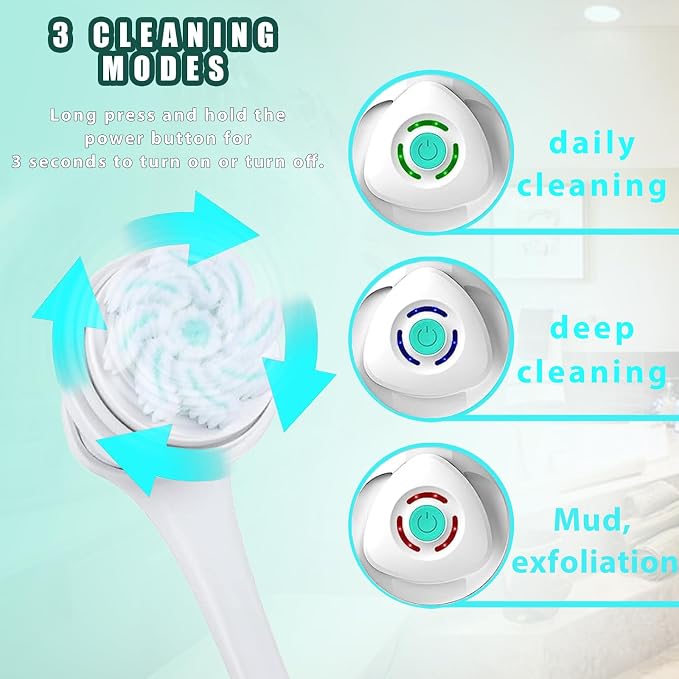 Electric Body Brush for Shower Rechargeable IP67 Waterproof Back Scrubber with 5 Heads 3 Modes Long Handle Spin Brush for Exfoliating Deep Cleaning Back Face Foot