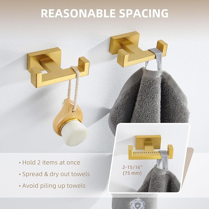 Angle Simple Double Towel Hook Brushed Dark Gold 2 PCS, SUS304 Stainless Steel Bathroom Hand Towel Holder, Double Robe Hook for Wall