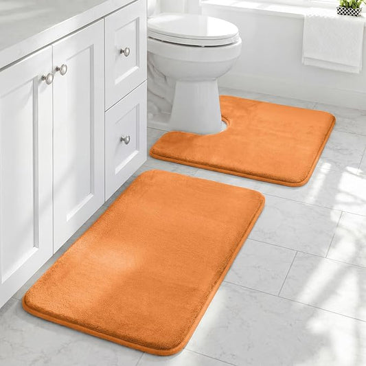 HUXMEYSON Bathroom Rugs Sets 2 Piece, Non-Slip & Quick Dry Bath Mat Set, Ultra Soft Velvet Bath Rugs for Bathroom, Toilet and Shower Floor, Orange