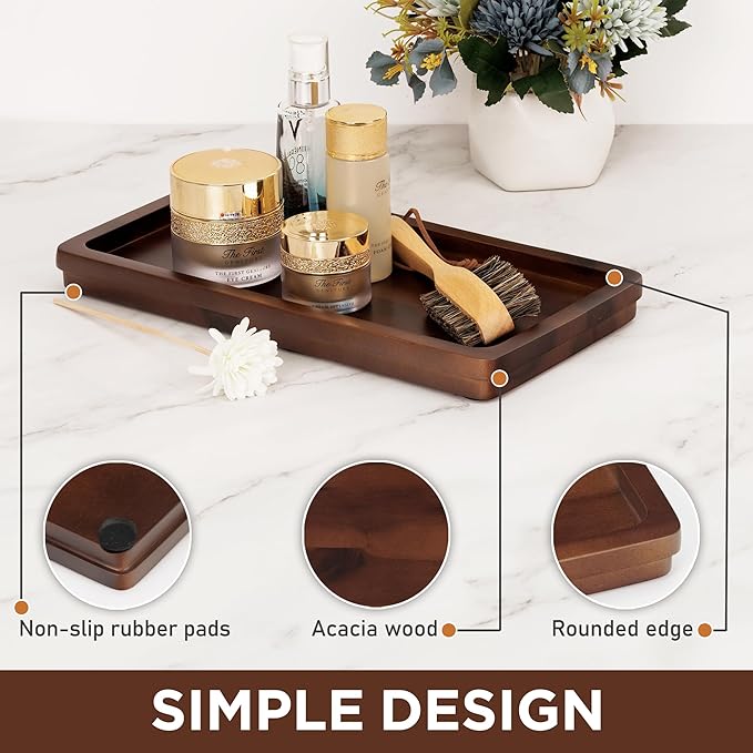 Demigo Bathroom Vanity Tray, Dark Brown Acacia Wood Tray, 11.8 x 5.9 in | Wooden Countertop Organizer for Cosmetics Jewelry Candle & Keys, Decorative Tray for Toilet Tank, Kitchen & Sink Decor
