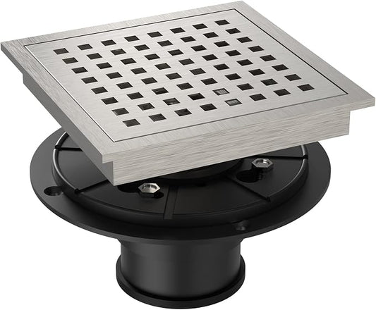 6 Inch Square Shower Floor Drain, Brushed Nickel High Flow Shower Drain Kit with Flange, Removable Grid Cover and Hair Filter, Food-Grade SUS 304 Stainless Steel, CUPC Certified(Brushed Nickel)