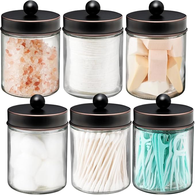 Amolliar 6 Pack Apothecary Jars Bathroom Organizer - Rustic Farmhouse Decor Qtip Holder with Stainless Steel Lids - Glass Bathroom Storage Canisters for Cotton Swabs, Rounds, Balls, Flossers (Bronze)