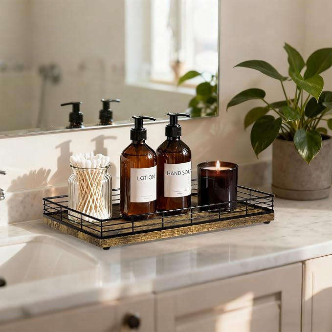 Large Bathroom Vanity Tray – 13" x 8" Decorative Wooden Tray for Bathroom Countertop & Vanity Organizer, Wood Tray for Perfume, Skincare Accessories Storage, Vanity Dresser Decor Black & Rustic Brown