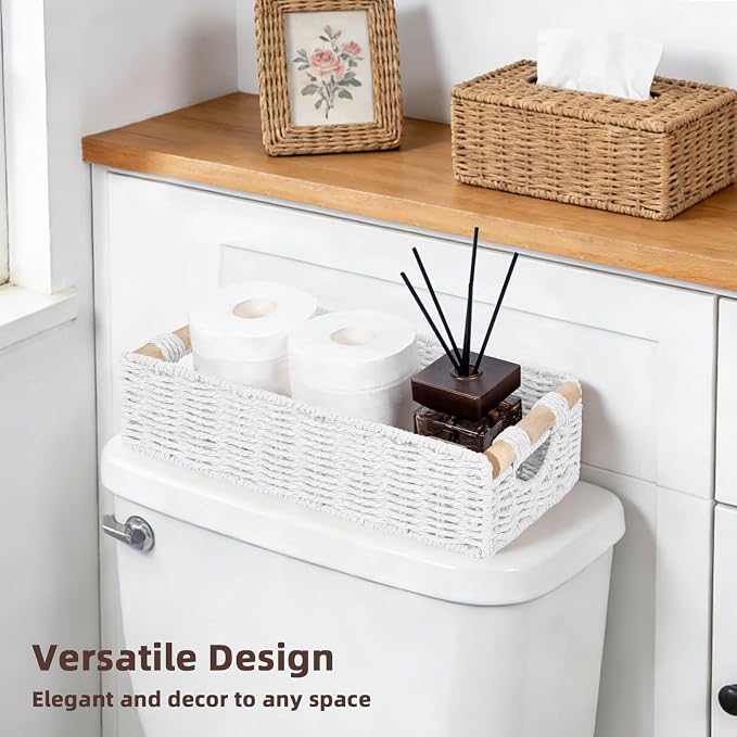 CubesLand Back of Toilet Storage Basket for Organizing w/Cut Out Handle, Handwoven Toilet Tank Top Paper Baskets, Small Wicker Decorative Basket for Countertop, Home, Living Room, Nursery, White