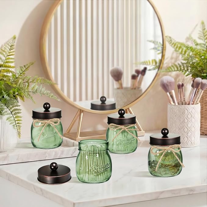 SheeChung 2 Pack Green Glass Mason Jar Qtip Holder Dispenser with ORB Lids | Apothecary Jar Canisters Set,Stainless Steel Lids,Small Bathroom Jars,Vanity Storage Organizer for Cotton Swab,Ball,Pad,Floss