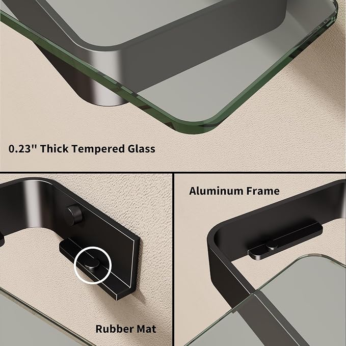 Danpoo 20 Inch Long Floating Shelf Black, Clear Tempered Glass Wall Shelf - Spacious and Stylish Storage for Your Home
