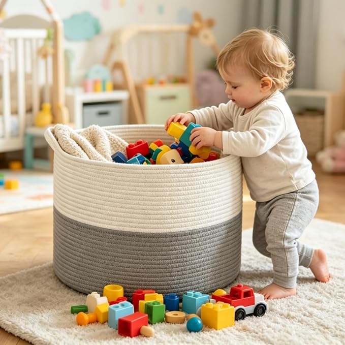 XXXLarge Blanket Basket Living Room - 22" x 22" x 14" Cotton Rope Baskets for Storage - Large Woven Basket for Toys, Towels, Pillows, Clothes- Rope Laundry Basket with Handles - Nursery Hamper Bin