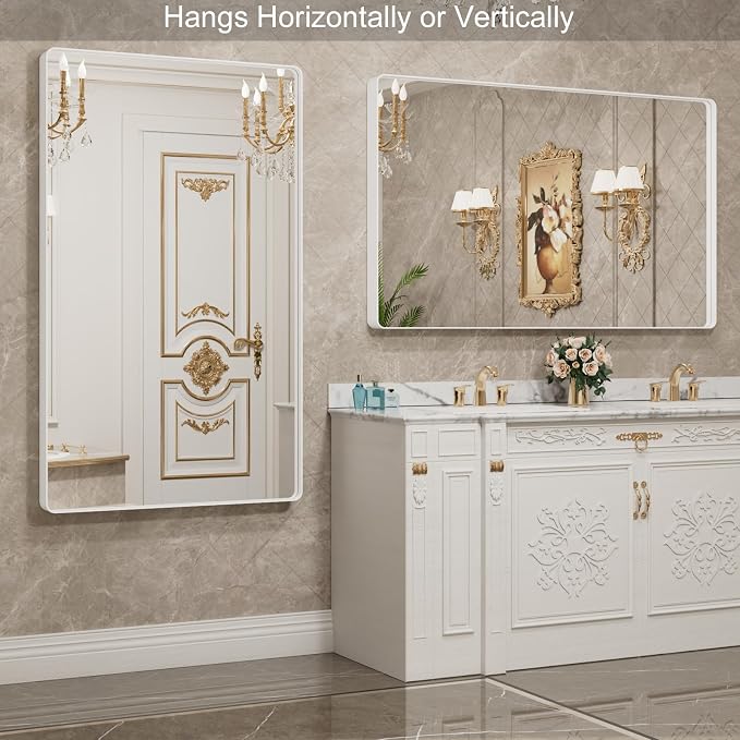 LOAAO 55x30 Inch White Metal Framed Bathroom Mirror | Rounded Rectangle Mirror, Anti-Rust, Tempered Glass, Hangs Horizontally or Vertically