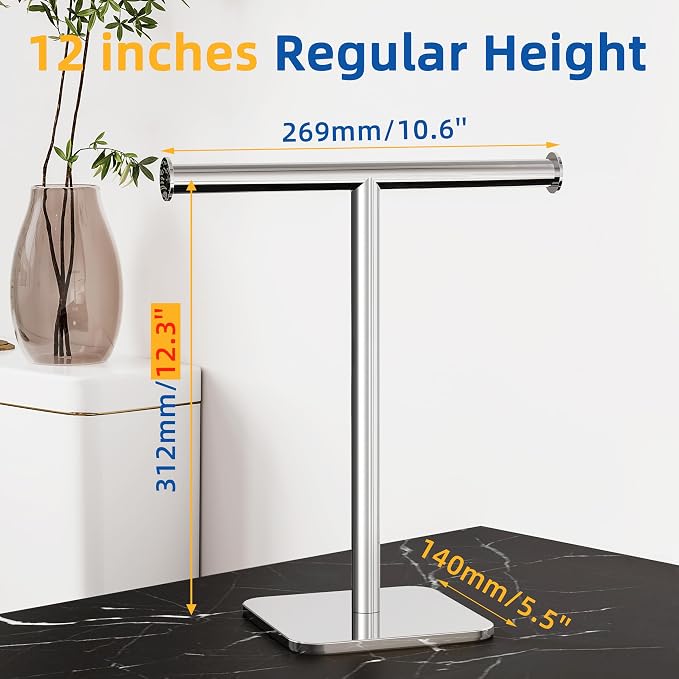 RUACQ T-Shape Hand Towel Holder Stand, 12inch Weighted Base Towel Rack, Countertop Towel Holder for Bathroom, 304 Stainless Steel, Heavy Duty (Chrome)