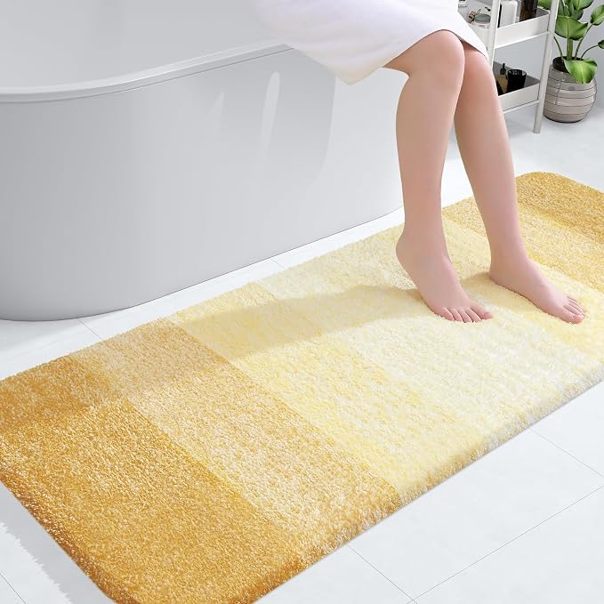 OLANLY Bathroom Runner Rug 54x24, Extra Soft Absorbent Microfiber Bath Rugs | Light Yellow, Non-Slip Quick-Drying Rubber Backing, Washable Long Bath Mat for Floor, Tub and Shower, Home Decor