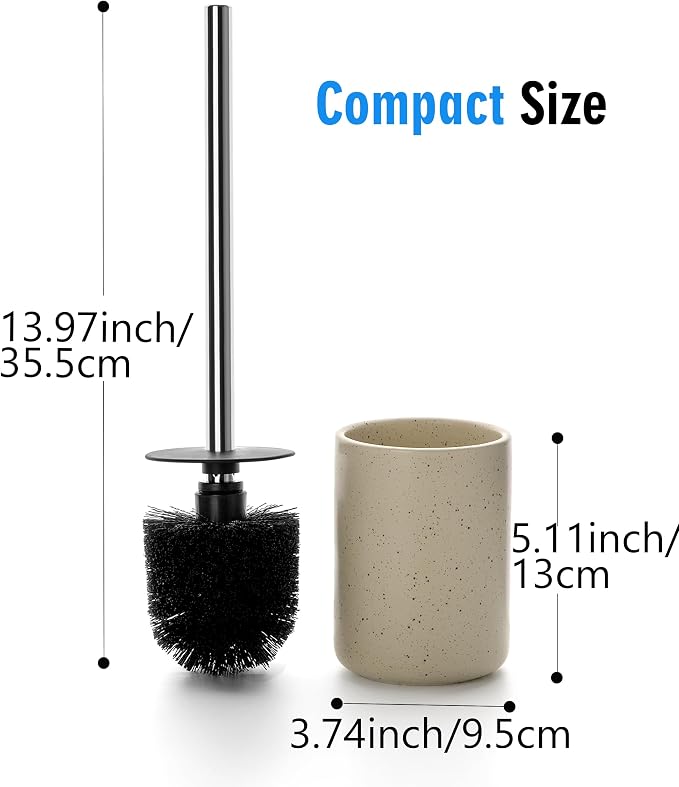 Ceramic Toilet Brush and Holder Set, Toilet Bowl Cleaner Brush | Freestanding Deep-Cleaning, Stainless Steel Handle, Small & Sturdy for Storage, Easy to Clean, Non-Scratching