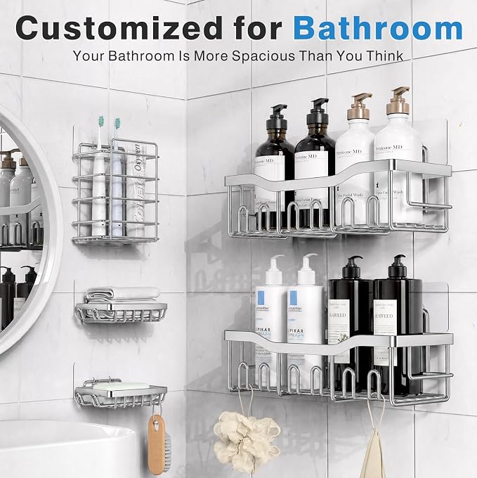 EUDELE 5-Pack Rustproof Stainless Steel Shower Caddy – No Drill Adhesive Bathroom Organizer with Large Capacity, Spacious Shower Shelves for Inside Shower, Kitchen & Home Decor Storage-XL Size