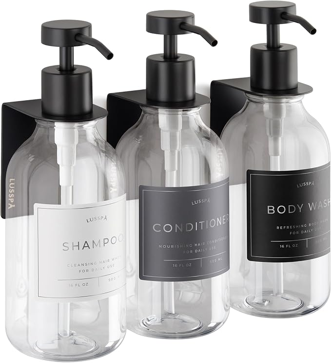 Shower Shampoo Dispenser Wall Mounted – 3 Refillable 16.9 oz Clear Bottles with Stainless Steel Pumps & No-Drill Adhesive Holders – Soap Dispenser Set for Bathroom (3 X Clear/Black)