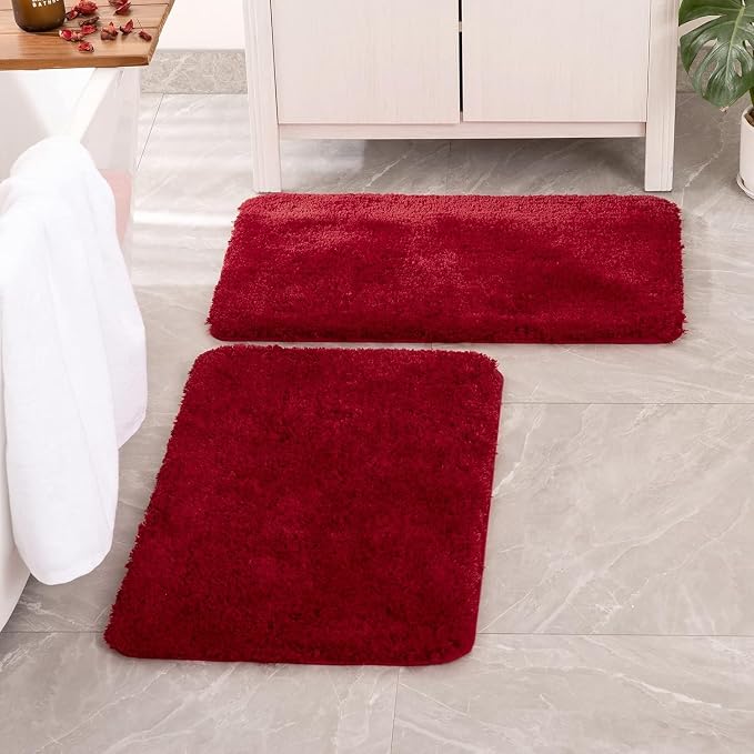 MIULEE Red Soft Bathroom Rugs Set 2 Piece Soft Bath Mats 24x36 Inch | Soft Absorbent Microfiber Bath Rugs, Non Slip, Quick Dry, Fluffy Bath Rugs for Bathroom Floor Tub Showers, Machine Washable