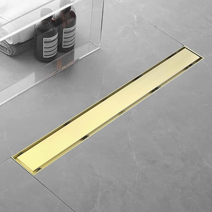 32 Inch Linear Shower Drain Bathroom Kitchen Golden Floor Drain Removable Capsule Pattern Cover Accessories Shower Drain 304 Stainless Steel Drain with Hair Strainer Adjustable Leveling Feet