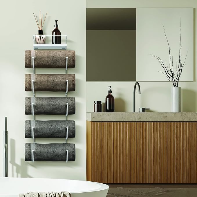 Sorbus Bathroom Towel Holder - 5 Tier Metal Towel Rack with Wood Shelf for Rolled Bath Towels, Washcloths, Linens, Hand Towels, Soaps & Accessories - Wall Mounted Towel Rack for Bathroom Towel Storage
