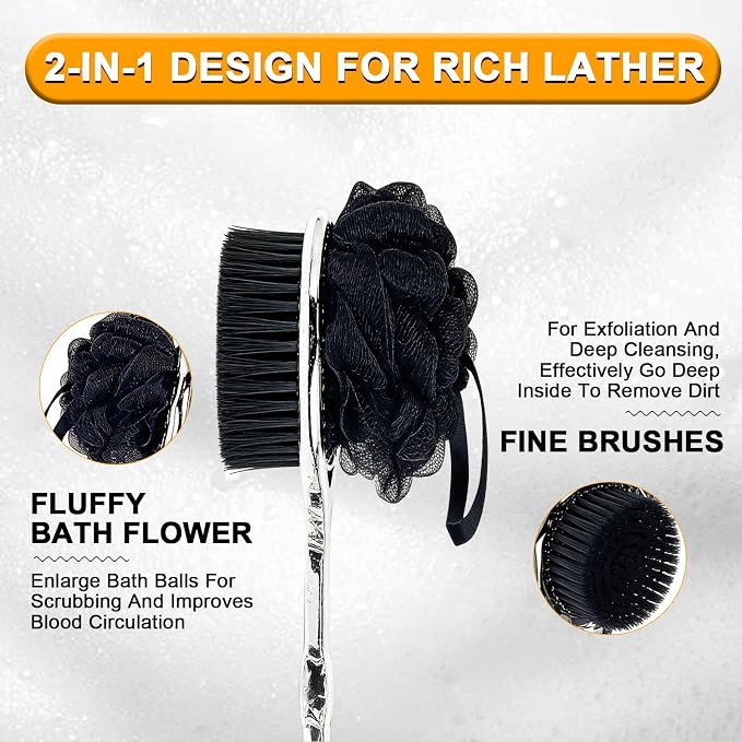 Long Handle Back Scrubber,Dual-Sided for Exfoliation & Deep Cleansing(Black | For Back & Legs & Feet, Non-slip textured handle, Rich Lather,Easy Hanging, For All Skin Types