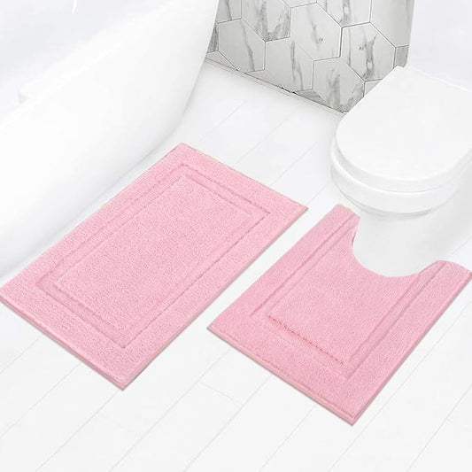 SHACOS Soft Microfiber Bathroom Rugs Set 2 Pieces with Toilet Rug | Absorbent Plush Bath Mat U Shaped Contour Bath Rug, Non Slip Washable Fluffy Bathroom Floor Mats, 32x20+24x20, Pink