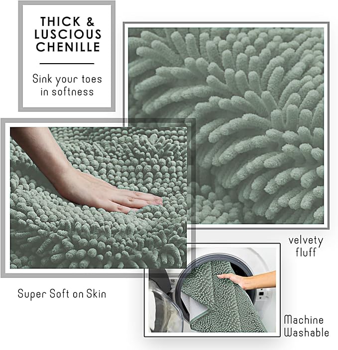 Hearth & Harbor Bathroom Rugs, Chenille Bath Mat - Machine Washable Bath Mats for Bathroom Non-Slip Backing Rubber, Quick Dry Bathroom Mat, 24 x 36 - Ice Green