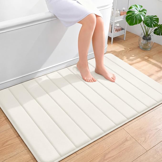 OLANLY Memory Foam Large Bath Mat 44x32, Super Soft Absorbent Bathroom Rugs | Ivory, Quick Dry Bath Rug, Machine Washable Shower Floor Mats, Bathmat Carpet for Bathroom Floor, Tub and Shower
