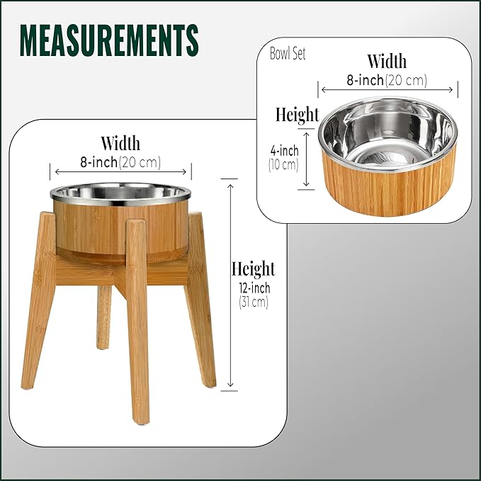 Elevated Dog Bowl for Mid-Large Breed, (12-Inch High, 64-oz) | Raised Food and Water Bowl with Stand, Flip-Resistant - Real Bamboo and Stainless Steel