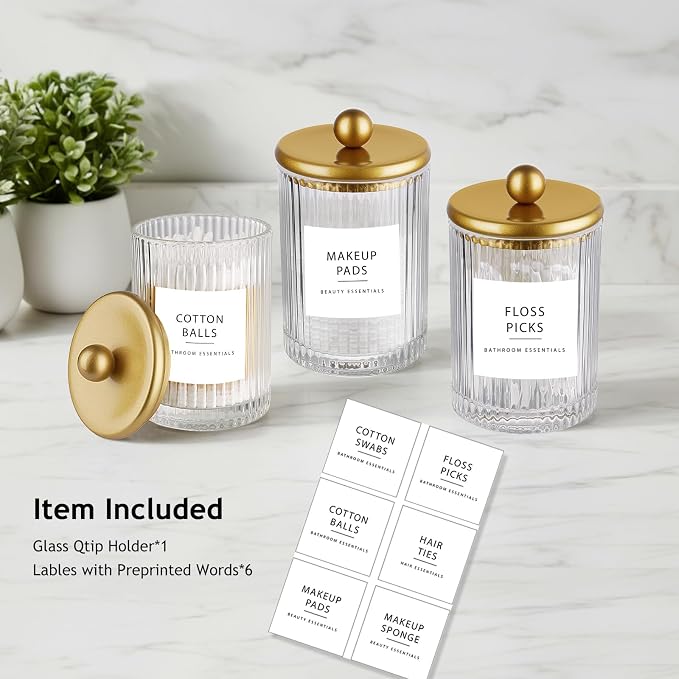 SheeChung 1 Pack Gold Ribbed Glass Qtip Holder with Metal Lids | Apothecary Jars Bathroom Organizer Countertop Vanity Canister Set for Cotton Swabs, Rounds, Floss Picks-Modern Luxury Decor