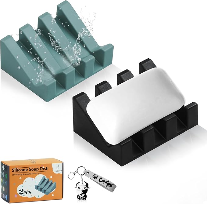 Silicone Soap Dish Self Draining for Shower & Kitchen (Green-Black) | Waterfall drainage design drains fast to keep soap dry; non-slip silicone base, practical soap saver for bathroom & kitchen