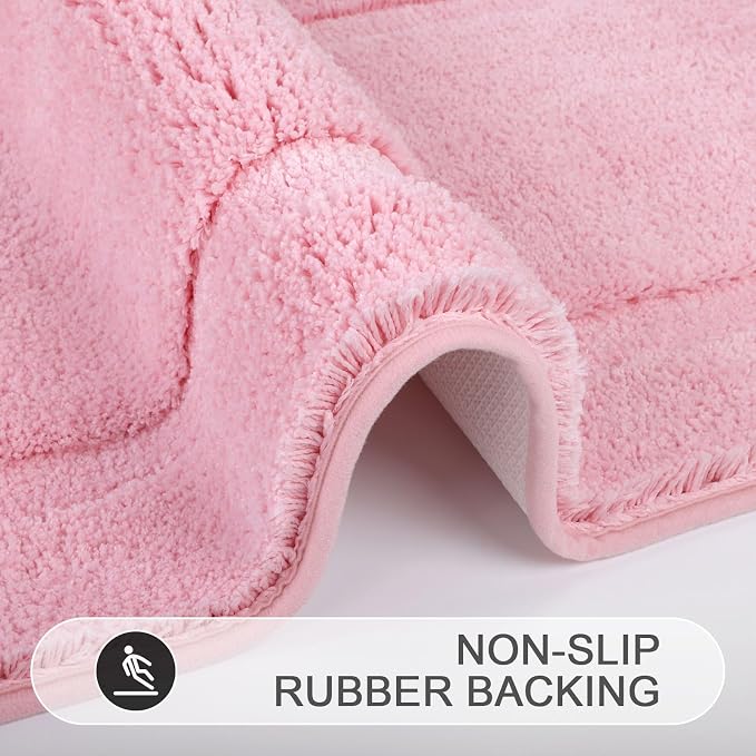 SHACOS 3 Pieces Bath Rugs Set with Toilet Lid Cover Soft Absorbent | Bath Mats U Shape Contour Rug Toilet Cover Absorbent Non Slip Machine Washable Plush Bathroom Rug (Pink)