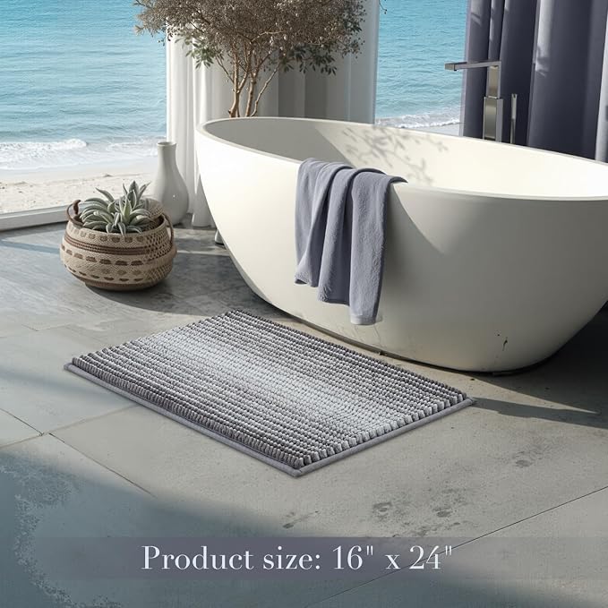 Bathroom Rugs, 17x24 Chenille Bath Mats, Stone Blue | Extra Soft Absorbent, Non Slip Striped, Quick Dry Machine Washable, Shower Rug for Bathroom Bedroom Decor