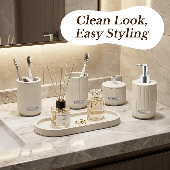 Cream Bathroom Accessory Set 5 Piece with Soap Dispenser, Storage Jar, Bathroom Counter Tray, Toothbrush Holder and Toothbrush Cup, Modern Stone-Effect Bathroom Countertop Decor Bath Sets