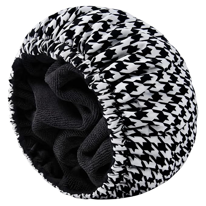 Shower Cap for Women Terry Lined Bath Cap Large Reusable Waterproof Elastic Black Houndstooth Shower Caps for Long Thick Hair Soft Bath Shower Hair Caps