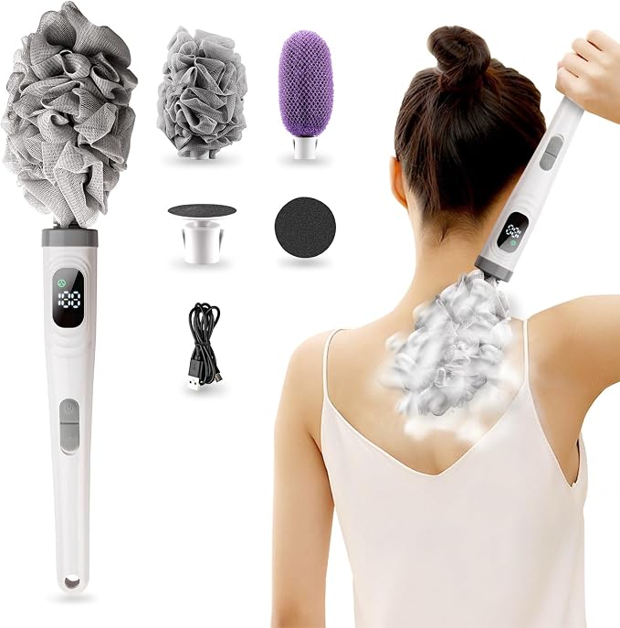 Electric Back Scrubber for Shower Waterproof Exfoliating Body Scrubber with 3 Replacement Heads & 2 Speed Modes for Skin Cleansing Massage Exfoliating Foot Callus Remover