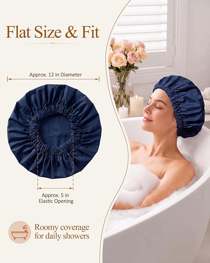 Edoneery Shower Caps for Women Reusable Waterproof, Shower Hair Cap | Washable Bonnet, Wide Elastic Band, Large Fit, Holds Long Hair, Braids Friendly, Bath Accessories, Spa, Travel