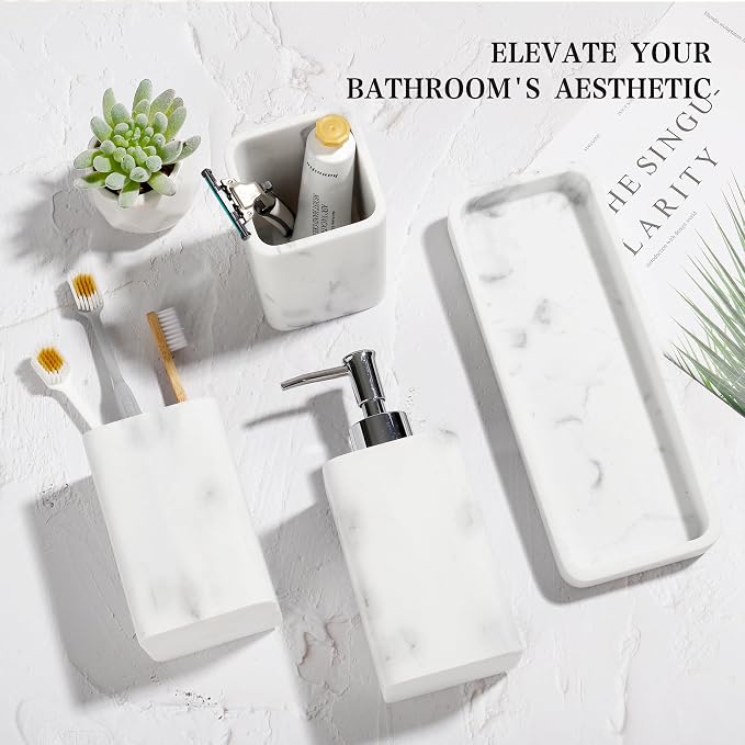 YMXYJM Bathroom Accessories Set, 4 Piece Toothbrush Holder Set Marble White | Bathroom Accessory Set with Soap Dispenser, Toothbrush Holder, Tumbler, Vanity Tray, Bathroom Sink Set for Modern Home Decor