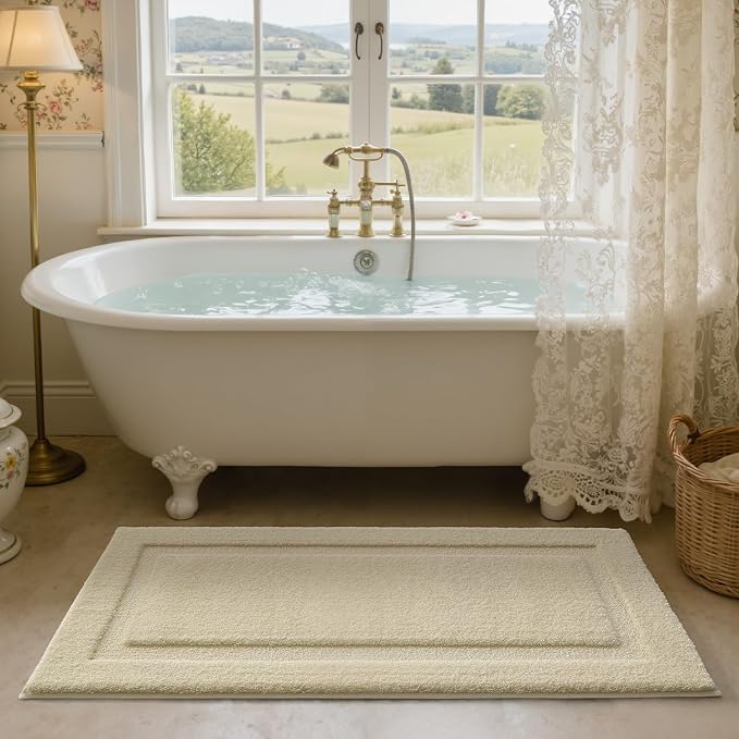 LUMI Soft Bathroom Rugs Absorbent, Non Slip Bath Mat 24x60, Ivory White | Machine Washable with Rubber Backing, Quick Dry, Premium Microfiber Carpet for Bathtub and Shower Floor