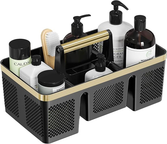 BYUNER Portable Cleaning & Shower Caddy with Handle: Rigid Plastic Basket with 4 Divided Compartments, All-Side Drainage for College Dorm, Bathroom & Utility Use, Black/Gold