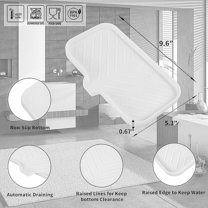MicoYang Silicone Soap Dish with Drain Spout — Self-Draining Sink Organizer Tray for Bathroom & Kitchen, Sponges, Dispensers & Soap Holder, Non-Slip & Dishwasher Safe, White (Medium, 9.6"×5.3")