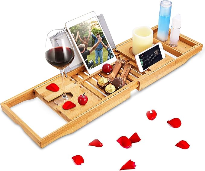 Moclever Bathtub Caddy Trays - Premium Bamboo Bath Trays with Extending Sides, Reading Rack, Tablet Holder, Cell Phone Tray and Luxury Wine Glass Holder - Natural Bamboo Color