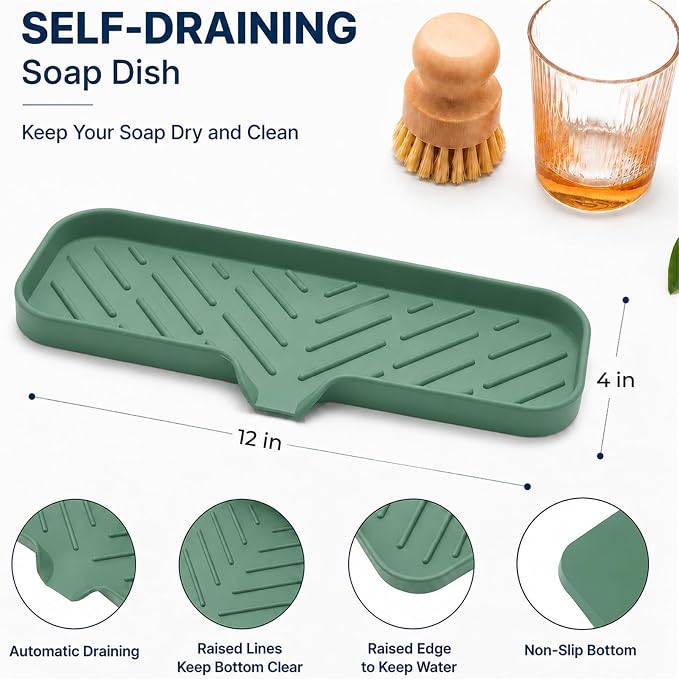 MicoYang Silicone Soap Dish with Drain Spout — Self-Draining Double Sink Organizer Tray for Kitchen & Bathroom, Dispensers, Sponges & Soap Holder, Non-Slip & Dishwasher Safe, Green (Large, 12"×4")