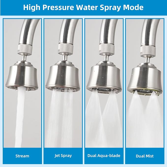 Hygie Rinse Kitchen Sink Faucet Head Replacement 4 Spray Faucet Sprayer Attachment with 2 Ball Joint, Big Angle Swivel, 55/64-27UNS Famale Thread, Male Thread Adapter Included, Brushed Nickel