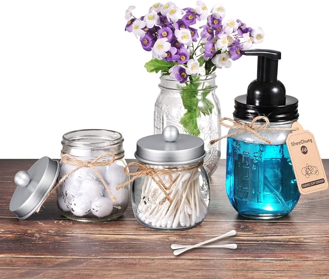 SheeChung 2 Pack Glass Mason Jar Qtip Holder Dispenser,Frosted Silver Lids | Clear Apothecary Jar,Stainless Steel Lids,Small Bathroom Jars Canisters,Vanity Storage Organizer for Cotton Swabs,Balls,Floss