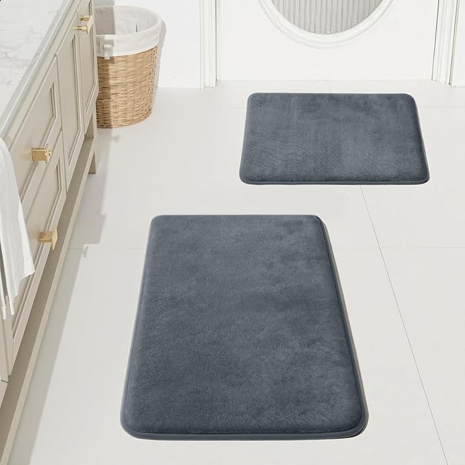 Bathroom Rugs Sets 2 Piece, Non-Slip & Quick Dry Bath Mat Set, Ultra Soft Velvet Bath Rugs for Bathroom, Toilet and Shower Floor, Grey