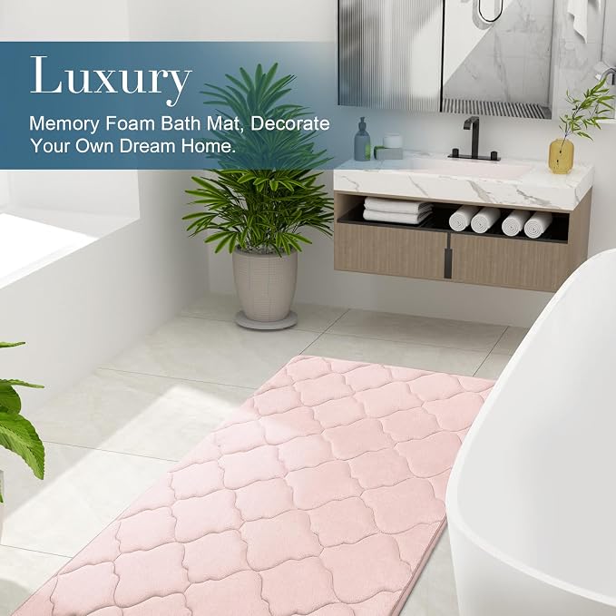 OLANLY Memory Foam Bath Mat Rug 59x20, Ultra Soft Bathroom Rugs, Pink | Thick Absorbent Carpet, Non-Slip Backing, Machine Washable, for Bathroom Floor, Tub, Shower and Home Decor Accessories