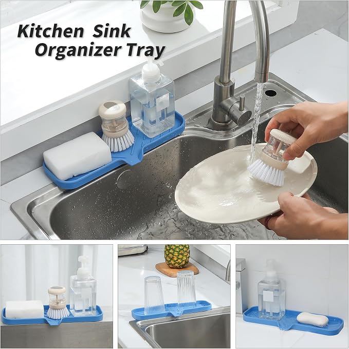 MicoYang Silicone Soap Dish with Drain Spout — Self-Draining Double Sink Organizer Tray for Kitchen & Bath, Dispensers, Sponges & Soap Holder, Non-Slip & Dishwasher Safe, Lichen Blue (Large, 12"×4")