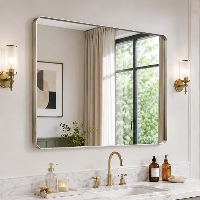 36"x30" Bathroom Vanity Mirror for Wall Aluminum Framed Farmhouse Rectangle | Anti-Rust, HD Reflection Anti-Desilvering, Distortion Free, Tempered and Shatter-Proof Wall Mounted Mirror, Brushed Nickel