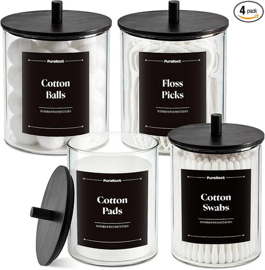 15oz & 10oz Glass Qtip Holder Dispenser, 4 Pack Apothecary Jars | Wood Lids, Small Bathroom Jars with Labels, for Cotton Swab, Cotton Balls, Pads, Floss Picks, Toothpicks, Vanity Organization
