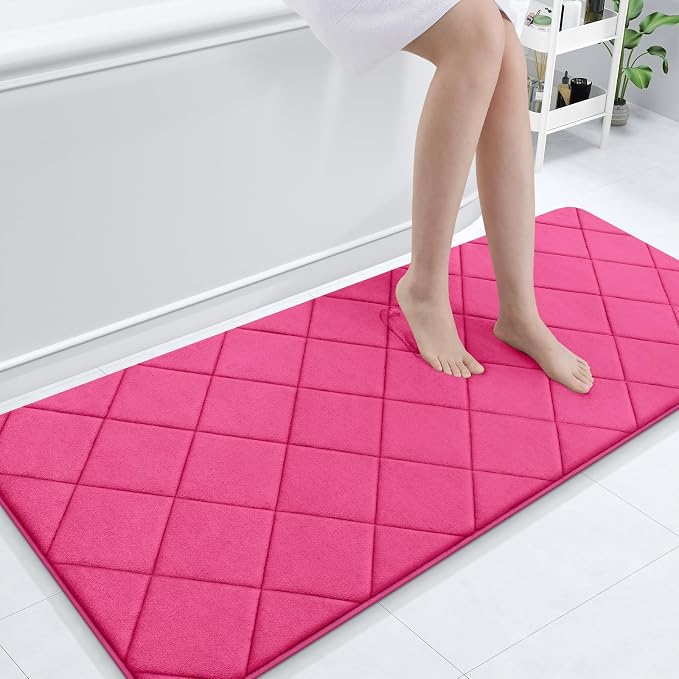 OLANLY Memory Foam Bath Mat 70x24, Ultra Soft and Absorbent Bathroom Rugs | Deep Pink, Quick Dry, Machine Washable Shower Bath Rugs, Comfortable Bath Carpet for Bathroom Floor, Tub and Shower