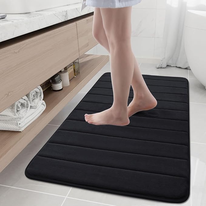 Buganda Memory Foam Bath Mat 45 x 27, Ultra Soft Absorbent Bathroom Rugs | Black, Machine Washable Quick Dry Bath Mats for Bathroom Floor, Shower and Tub, Home Decor Accessories