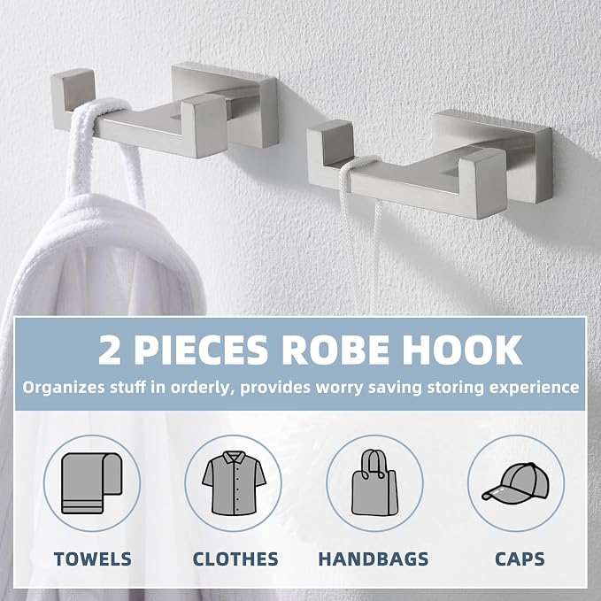APLusee Double Bath Towel Hook 2 Pack, 304 Stainless Steel Square Dual Coat Holder, Modern Bathroom Kitchen Storage Hanger Wall Mounted, Brushed Nickel